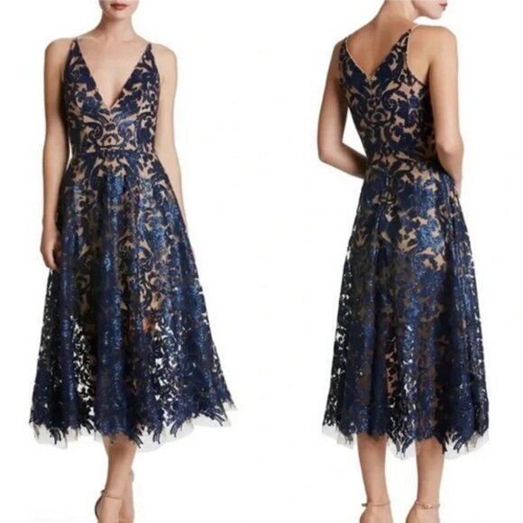 Dress The Population Navy Blue Nude Blair Embellished Fit & Flare - Picture 1 of 2